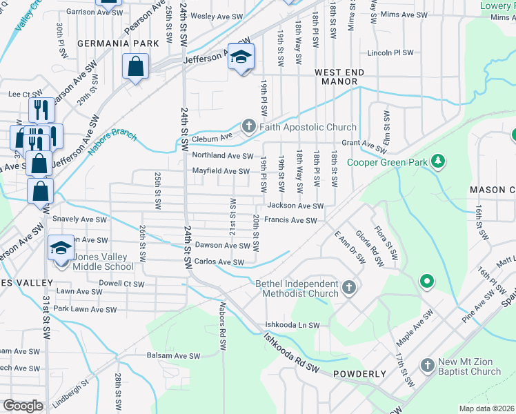 map of restaurants, bars, coffee shops, grocery stores, and more near 1941 Jackson Avenue Southwest in Birmingham