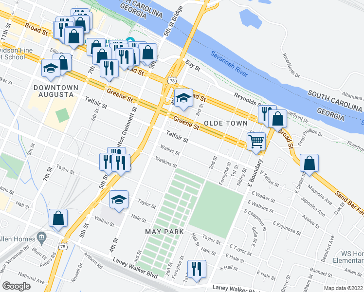 map of restaurants, bars, coffee shops, grocery stores, and more near 507 3rd Street in Augusta