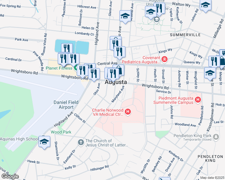 map of restaurants, bars, coffee shops, grocery stores, and more near 1605 Monte Sano Avenue in Augusta