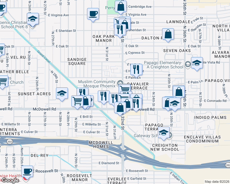 map of restaurants, bars, coffee shops, grocery stores, and more near 1809 North 32nd Street in Phoenix