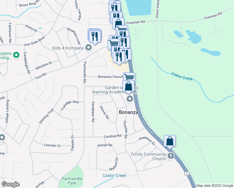 map of restaurants, bars, coffee shops, grocery stores, and more near 10543 Thrasher Road in Jonesboro