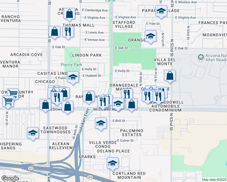 map of restaurants, bars, coffee shops, grocery stores, and more near 1812 North 48th Place in Phoenix