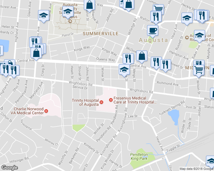 map of restaurants, bars, coffee shops, grocery stores, and more near 2251 Wrightsboro Road in Augusta