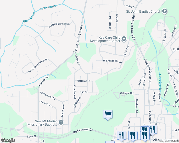 map of restaurants, bars, coffee shops, grocery stores, and more near 338 5 Acre Road in Hueytown