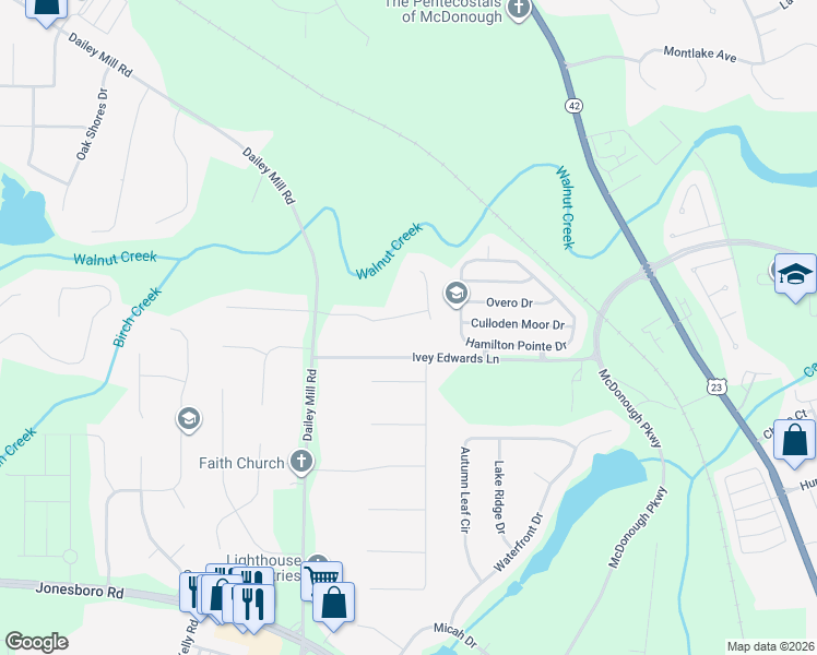 map of restaurants, bars, coffee shops, grocery stores, and more near 116 Wimberly Drive in McDonough