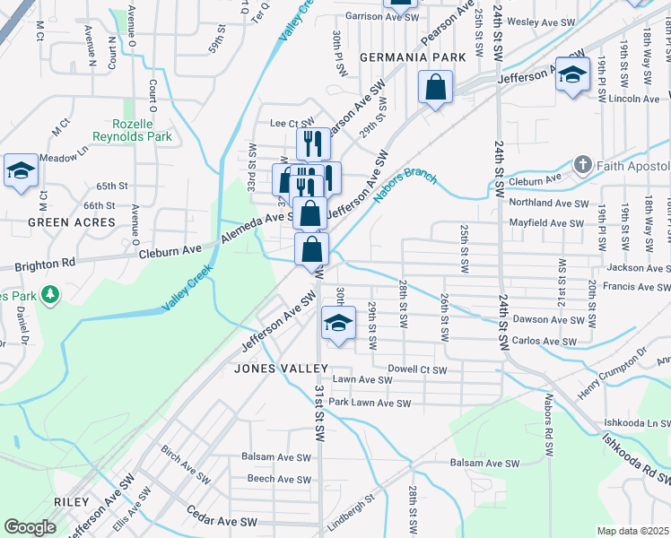 map of restaurants, bars, coffee shops, grocery stores, and more near 2925 Brookhaven Avenue Southwest in Birmingham