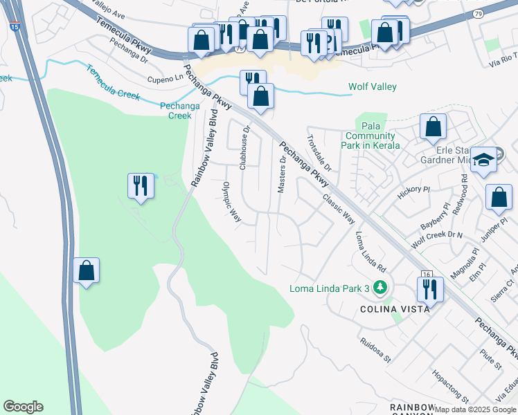 map of restaurants, bars, coffee shops, grocery stores, and more near 45680 Clubhouse Drive in Temecula