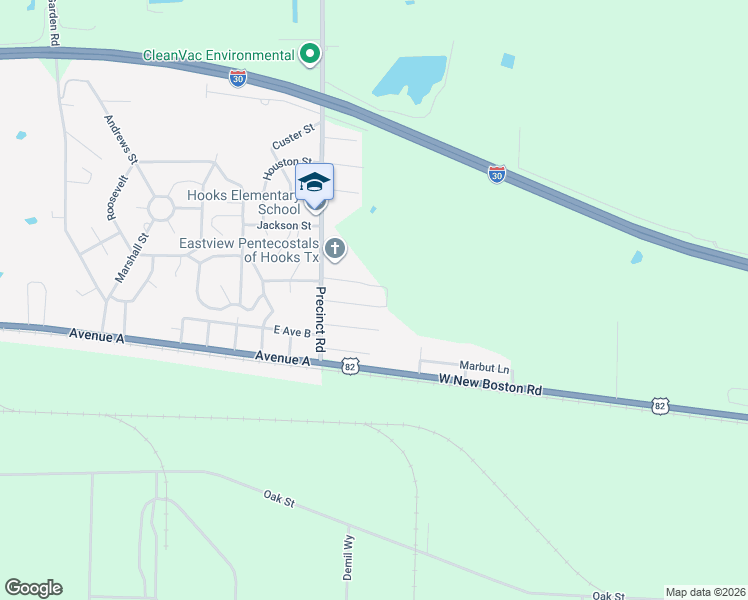 map of restaurants, bars, coffee shops, grocery stores, and more near Precinct Road in Hooks