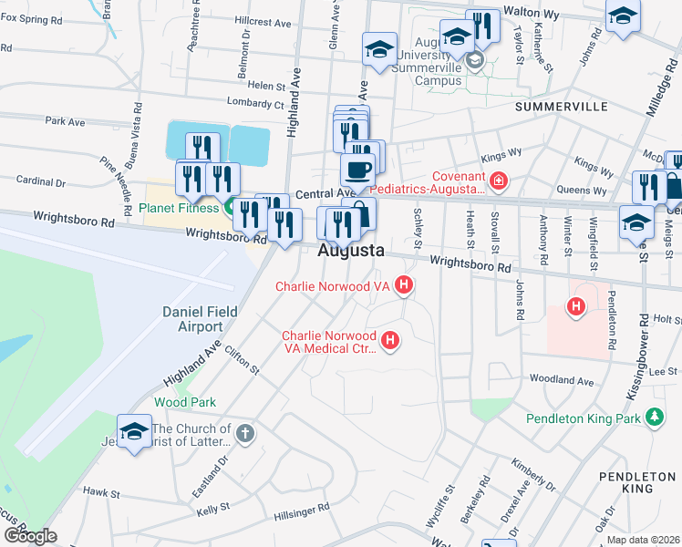 map of restaurants, bars, coffee shops, grocery stores, and more near 1605 Monte Sano Avenue in Augusta