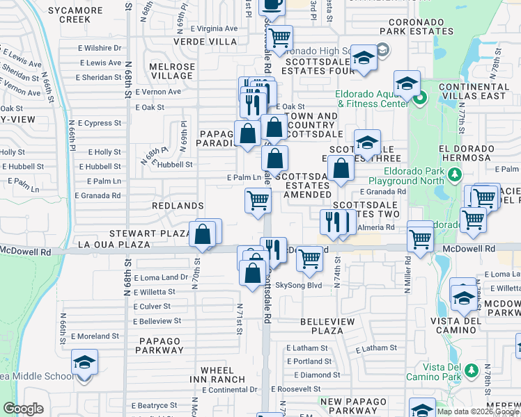 map of restaurants, bars, coffee shops, grocery stores, and more near 1800 North Scottsdale Road in Scottsdale