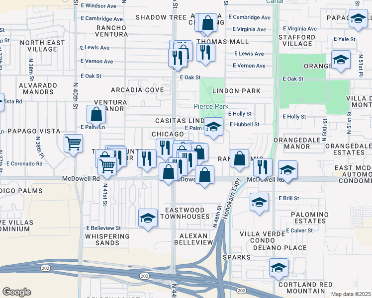 map of restaurants, bars, coffee shops, grocery stores, and more near 1901 North 44th Place in Phoenix