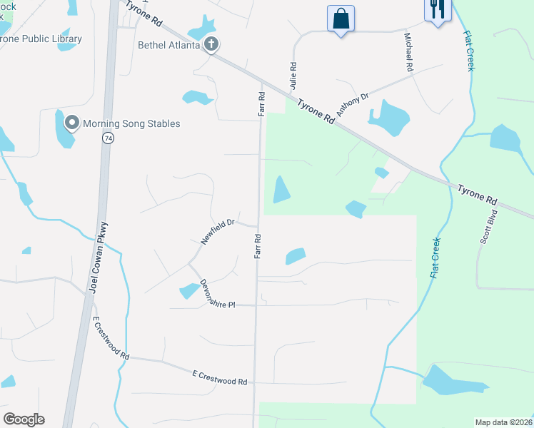 map of restaurants, bars, coffee shops, grocery stores, and more near 295 Farr Road in Tyrone