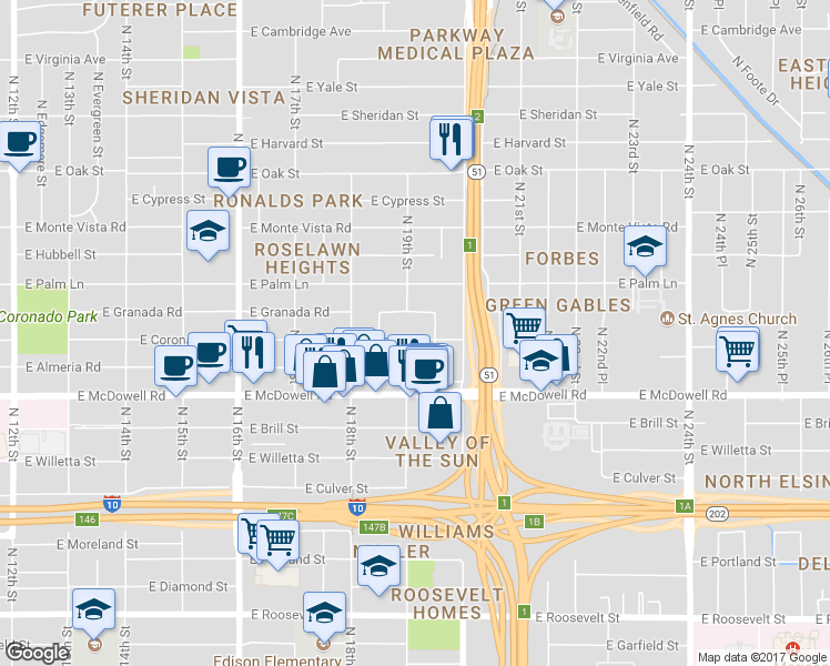 map of restaurants, bars, coffee shops, grocery stores, and more near 1906 East Coronado Road in Phoenix