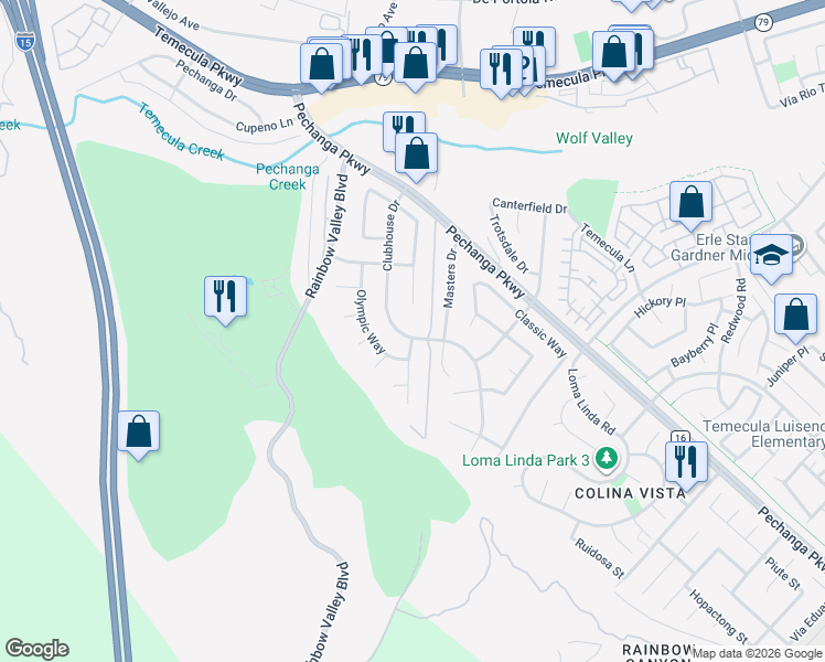 map of restaurants, bars, coffee shops, grocery stores, and more near 45680 Clubhouse Drive in Temecula