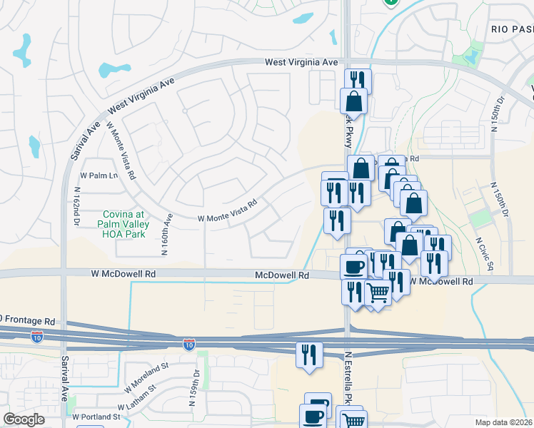 map of restaurants, bars, coffee shops, grocery stores, and more near 15754 West Berkeley Road in Goodyear
