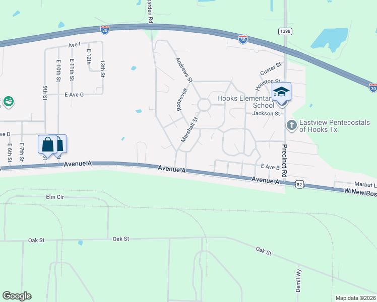map of restaurants, bars, coffee shops, grocery stores, and more near 105 Arnold Street in Hooks