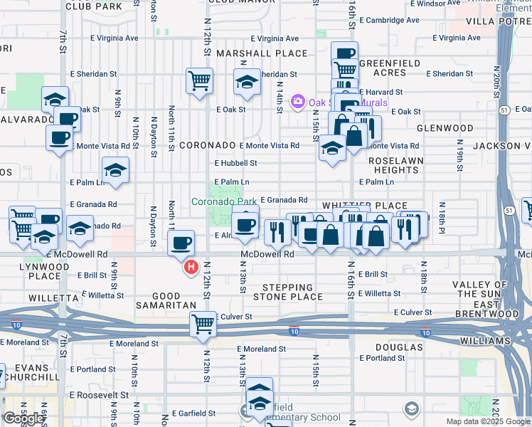 map of restaurants, bars, coffee shops, grocery stores, and more near 1330 East Coronado Road in Phoenix