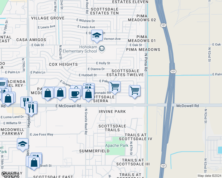map of restaurants, bars, coffee shops, grocery stores, and more near 1652 North 87th Street in Scottsdale