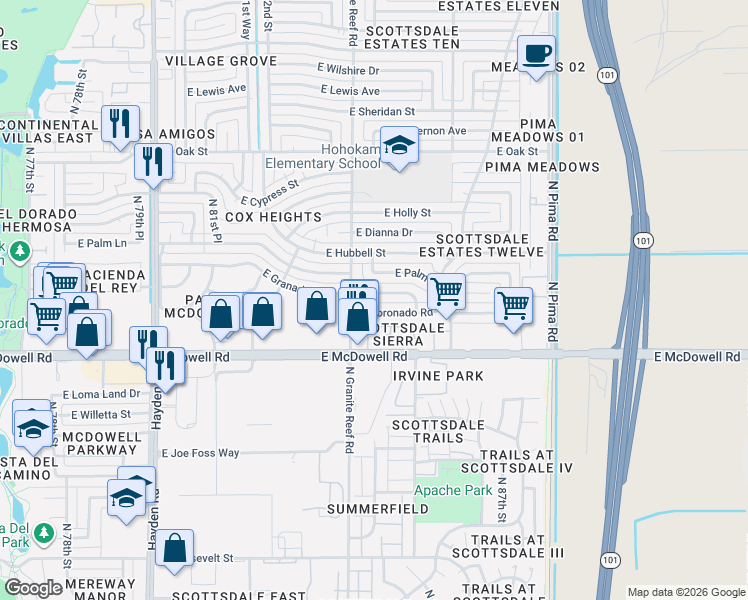 map of restaurants, bars, coffee shops, grocery stores, and more near 8407 East Granada Road in Scottsdale