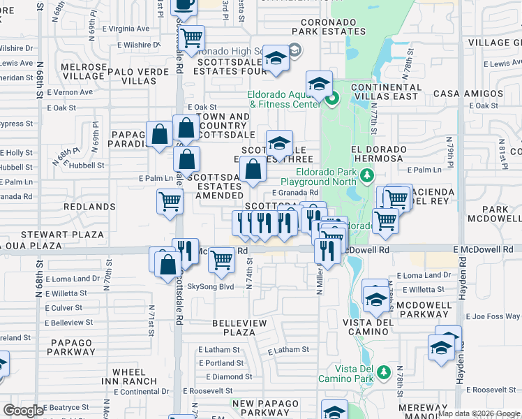map of restaurants, bars, coffee shops, grocery stores, and more near 1803 North 74th Place in Scottsdale
