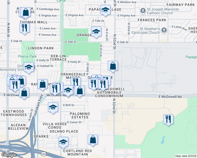map of restaurants, bars, coffee shops, grocery stores, and more near 1811 North 51st Street in Phoenix