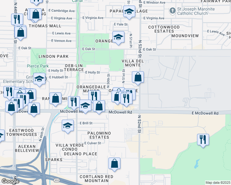 map of restaurants, bars, coffee shops, grocery stores, and more near 1810 North 51st Street in Phoenix
