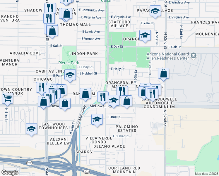 map of restaurants, bars, coffee shops, grocery stores, and more near 1812 North 48th Place in Phoenix