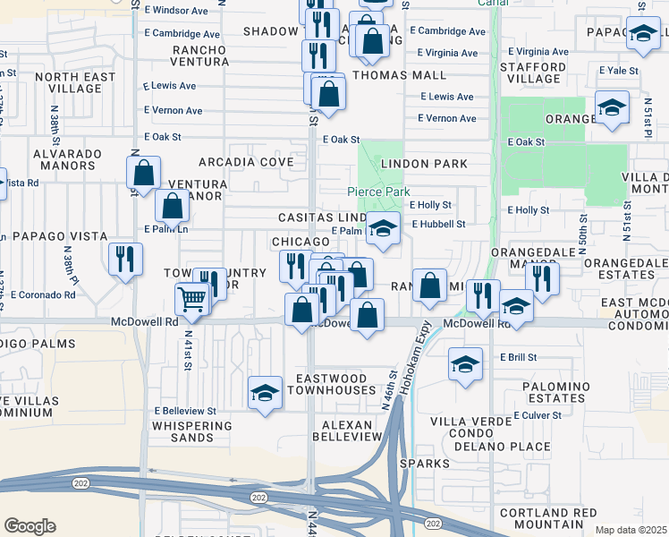 map of restaurants, bars, coffee shops, grocery stores, and more near 1901 North 44th Place in Phoenix