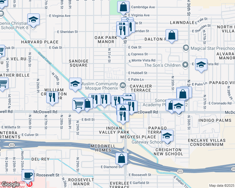 map of restaurants, bars, coffee shops, grocery stores, and more near 1809 North 32nd Street in Phoenix