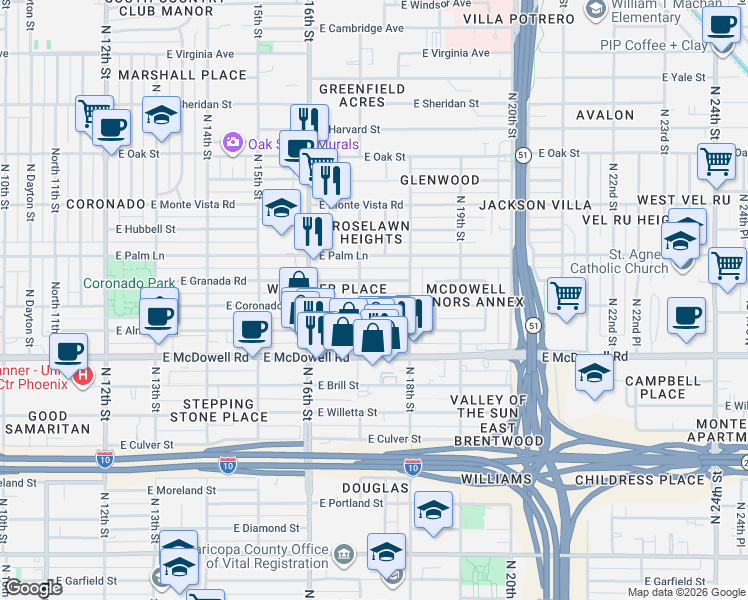 map of restaurants, bars, coffee shops, grocery stores, and more near 1702 East Coronado Road in Phoenix