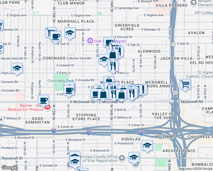 map of restaurants, bars, coffee shops, grocery stores, and more near 1526 East Coronado Road in Phoenix
