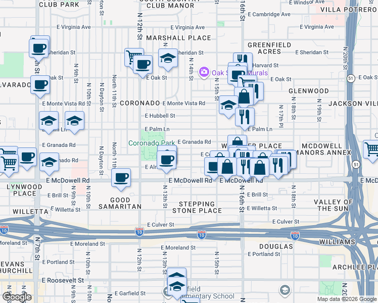 map of restaurants, bars, coffee shops, grocery stores, and more near 1408 East Coronado Road in Phoenix