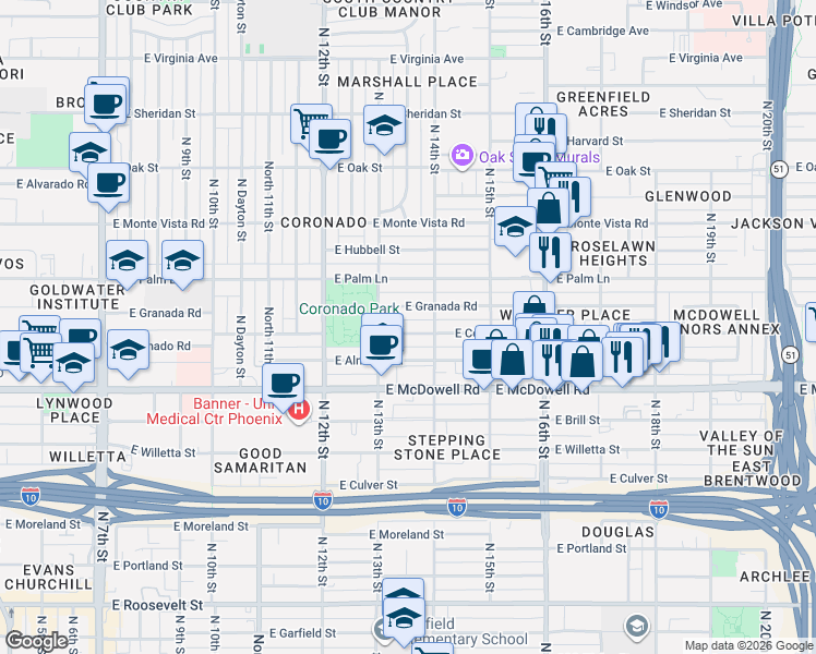 map of restaurants, bars, coffee shops, grocery stores, and more near 1330 East Coronado Road in Phoenix