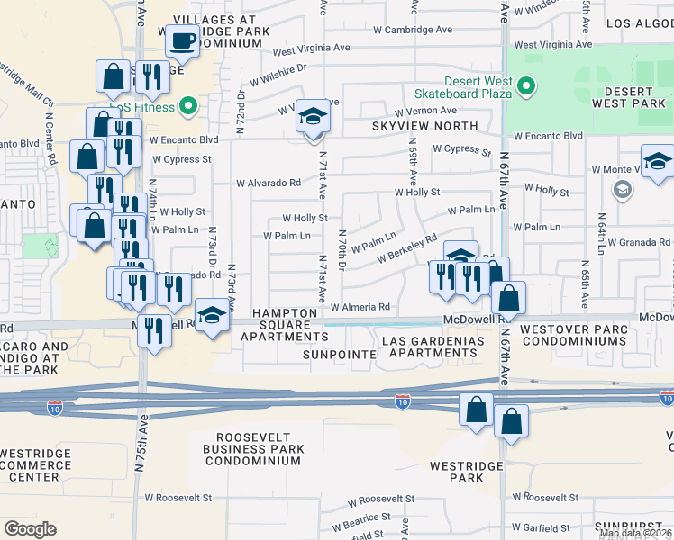 map of restaurants, bars, coffee shops, grocery stores, and more near 7102 West Berkeley Road in Phoenix