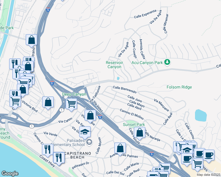 map of restaurants, bars, coffee shops, grocery stores, and more near 611 Calle Bienvenido in San Clemente