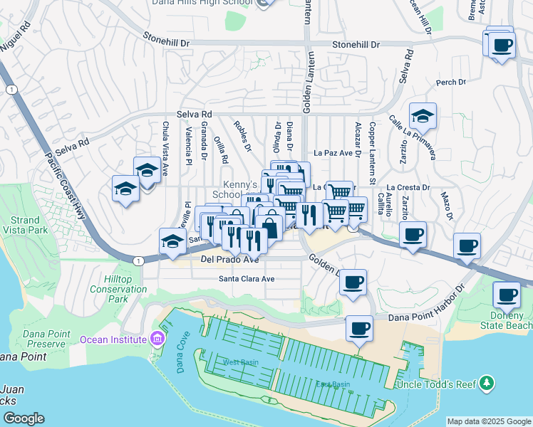 map of restaurants, bars, coffee shops, grocery stores, and more near 34071 Violet Lantern Street in Dana Point