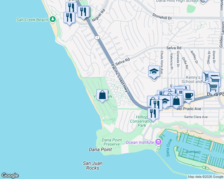 map of restaurants, bars, coffee shops, grocery stores, and more near 34028 Selva Road in Dana Point