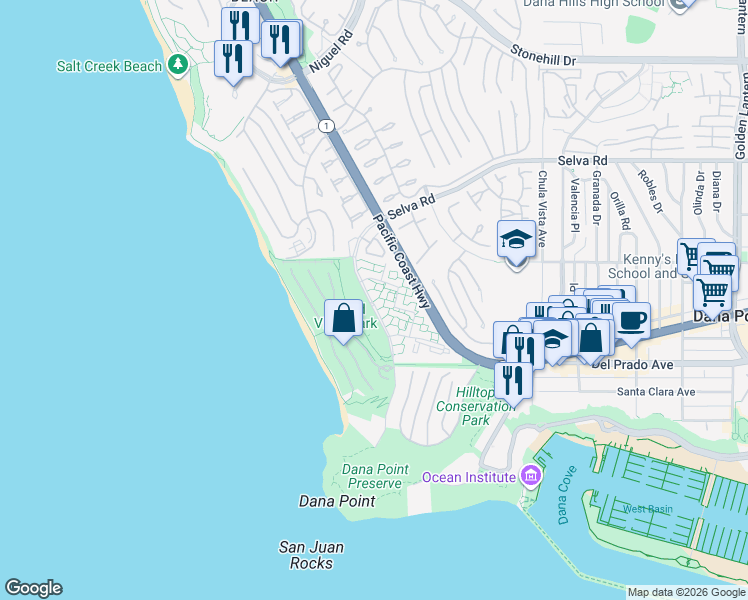 map of restaurants, bars, coffee shops, grocery stores, and more near 34028 Selva Road in Dana Point
