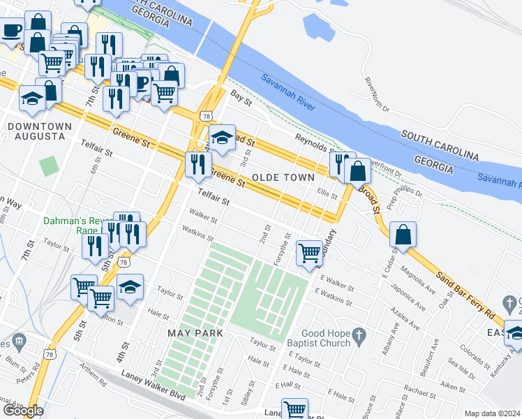 map of restaurants, bars, coffee shops, grocery stores, and more near 227 Telfair Street in Augusta