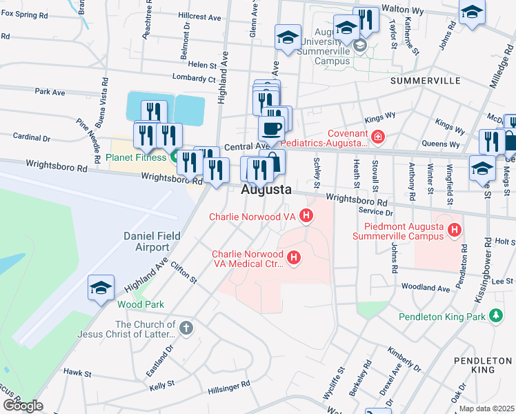 map of restaurants, bars, coffee shops, grocery stores, and more near in Augusta
