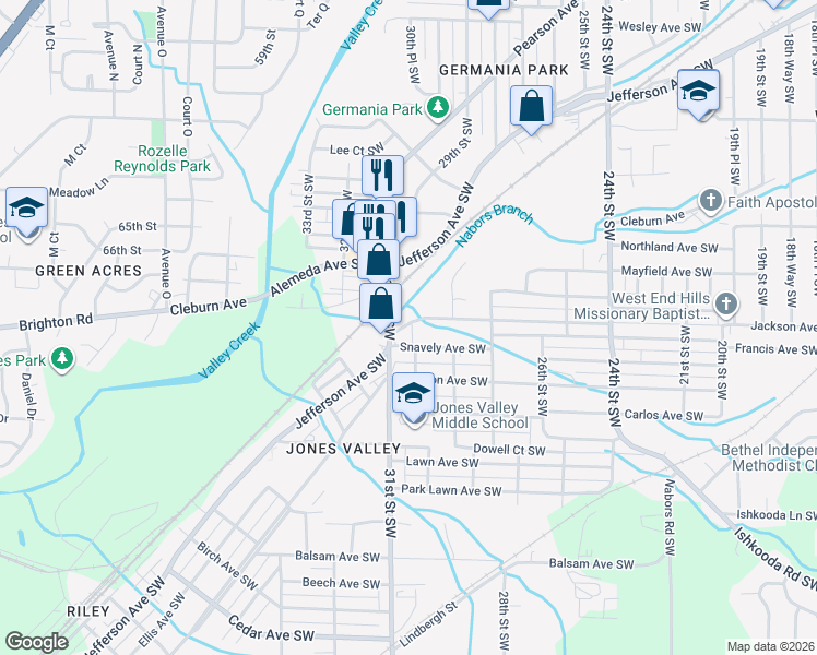 map of restaurants, bars, coffee shops, grocery stores, and more near 2925 Brookhaven Avenue Southwest in Birmingham