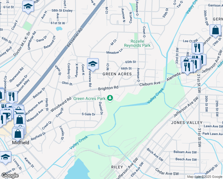 map of restaurants, bars, coffee shops, grocery stores, and more near 1413 Brighton Road in Birmingham