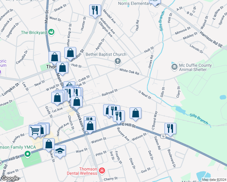 map of restaurants, bars, coffee shops, grocery stores, and more near 314 Railroad Street in Thomson