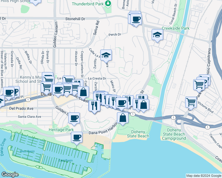 map of restaurants, bars, coffee shops, grocery stores, and more near 34088 Crystal Lantern in Dana Point
