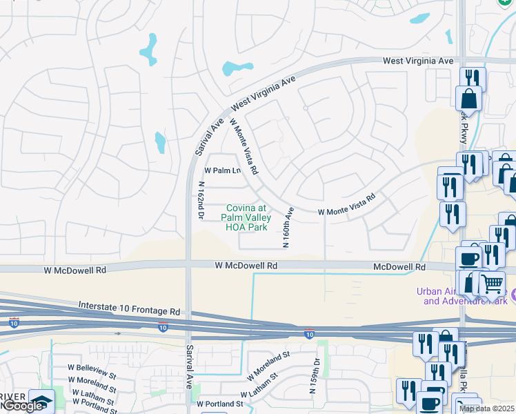 map of restaurants, bars, coffee shops, grocery stores, and more near 16135 West Berkeley Road in Goodyear