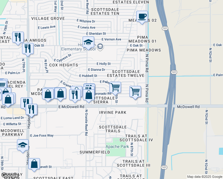map of restaurants, bars, coffee shops, grocery stores, and more near 1652 North 87th Street in Scottsdale