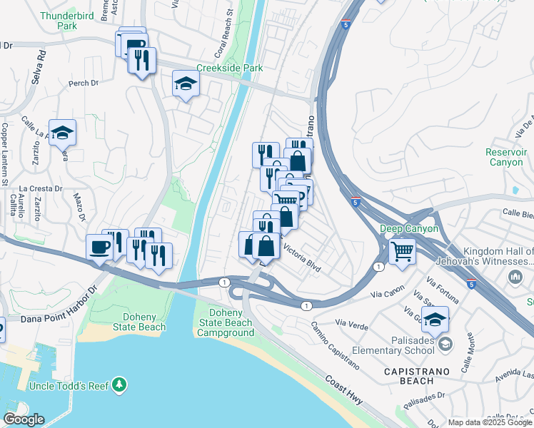 map of restaurants, bars, coffee shops, grocery stores, and more near 34117 Doheny Park Road in Dana Point