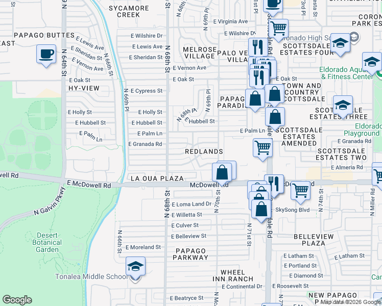 map of restaurants, bars, coffee shops, grocery stores, and more near 6845 East Coronado Road in Scottsdale