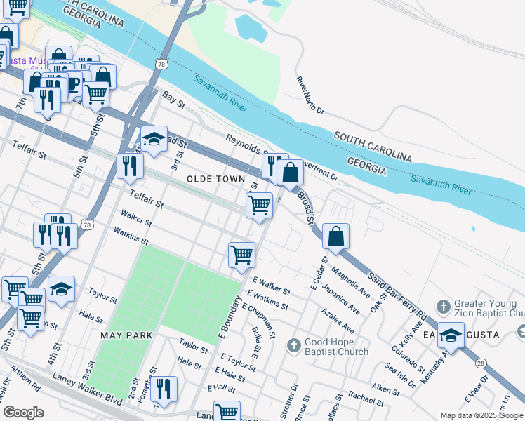 map of restaurants, bars, coffee shops, grocery stores, and more near 17 Greene Street in Augusta