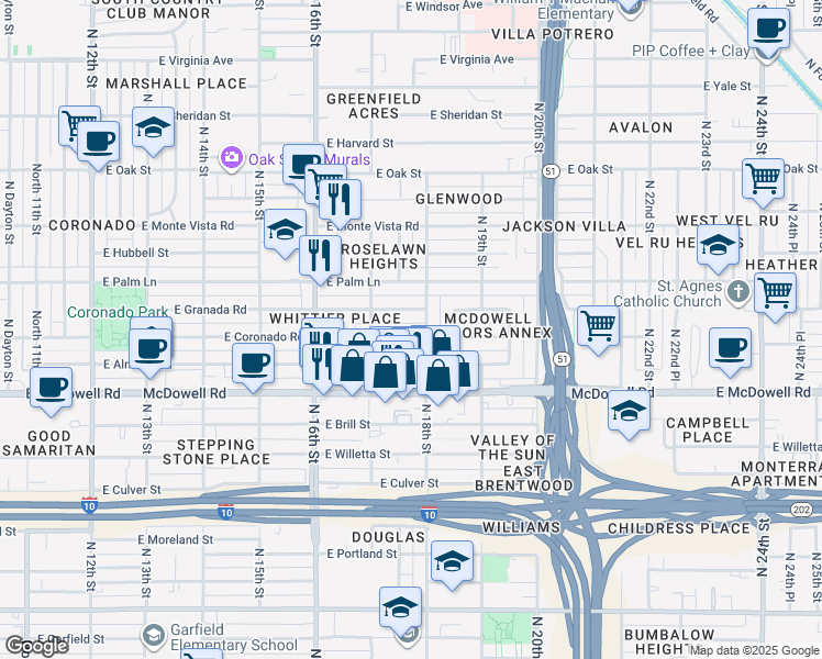 map of restaurants, bars, coffee shops, grocery stores, and more near 1736 East Coronado Road in Phoenix